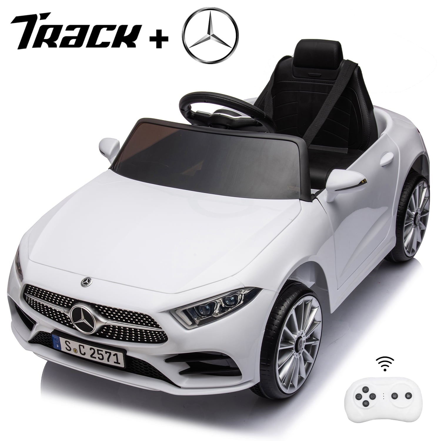 Track 7 12V Ride on Car, Licensed Mercedes-Benz CLS 350 Electric Car for Kids, Ride on Car with Remote Control, Music, Power Display, LED Lights, MP3, Kids Car for Age 3+, White