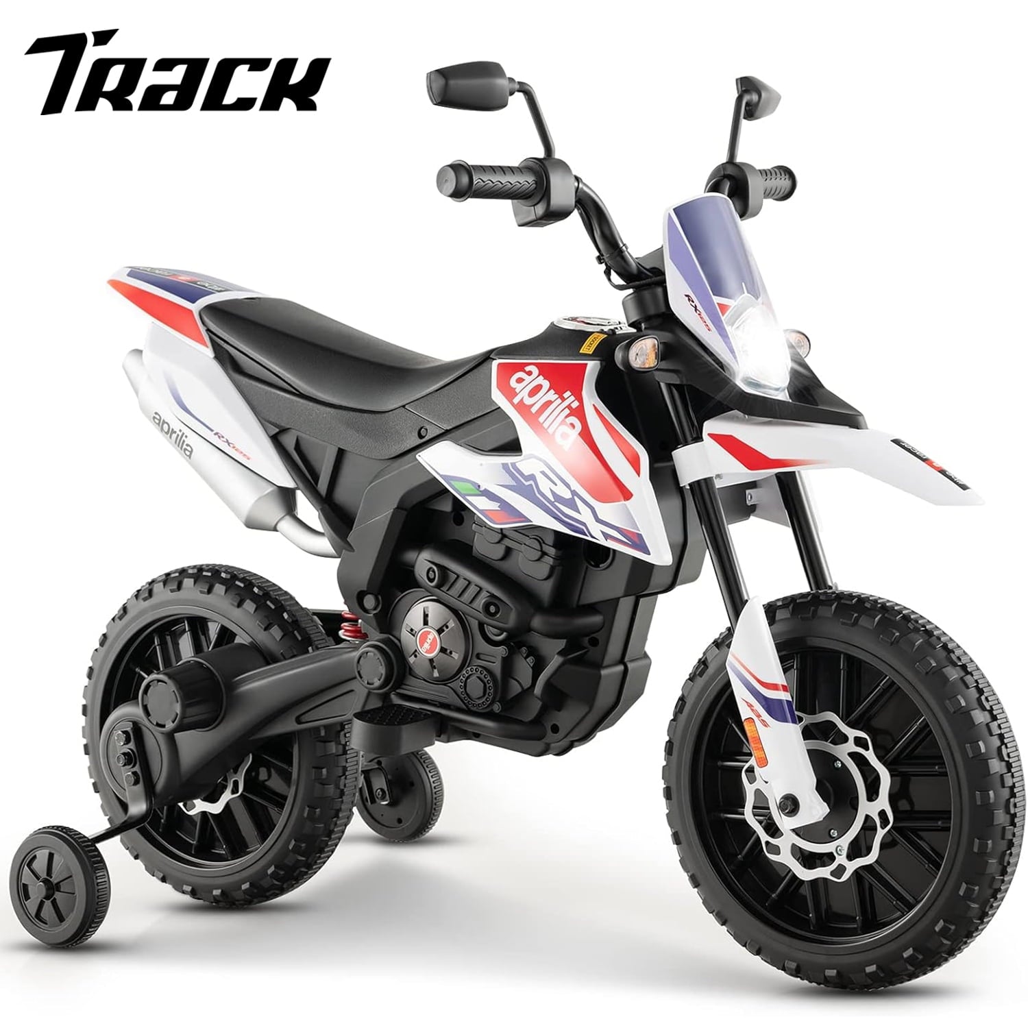 Track 7 12V Ride on Motorcycle, Licensed Aprilia RX125 Kids Electric Motorcycle with Training Wheels, Spring Suspension, LED Lights, Music, Ride on Car for Boys Girls Age 3+, White