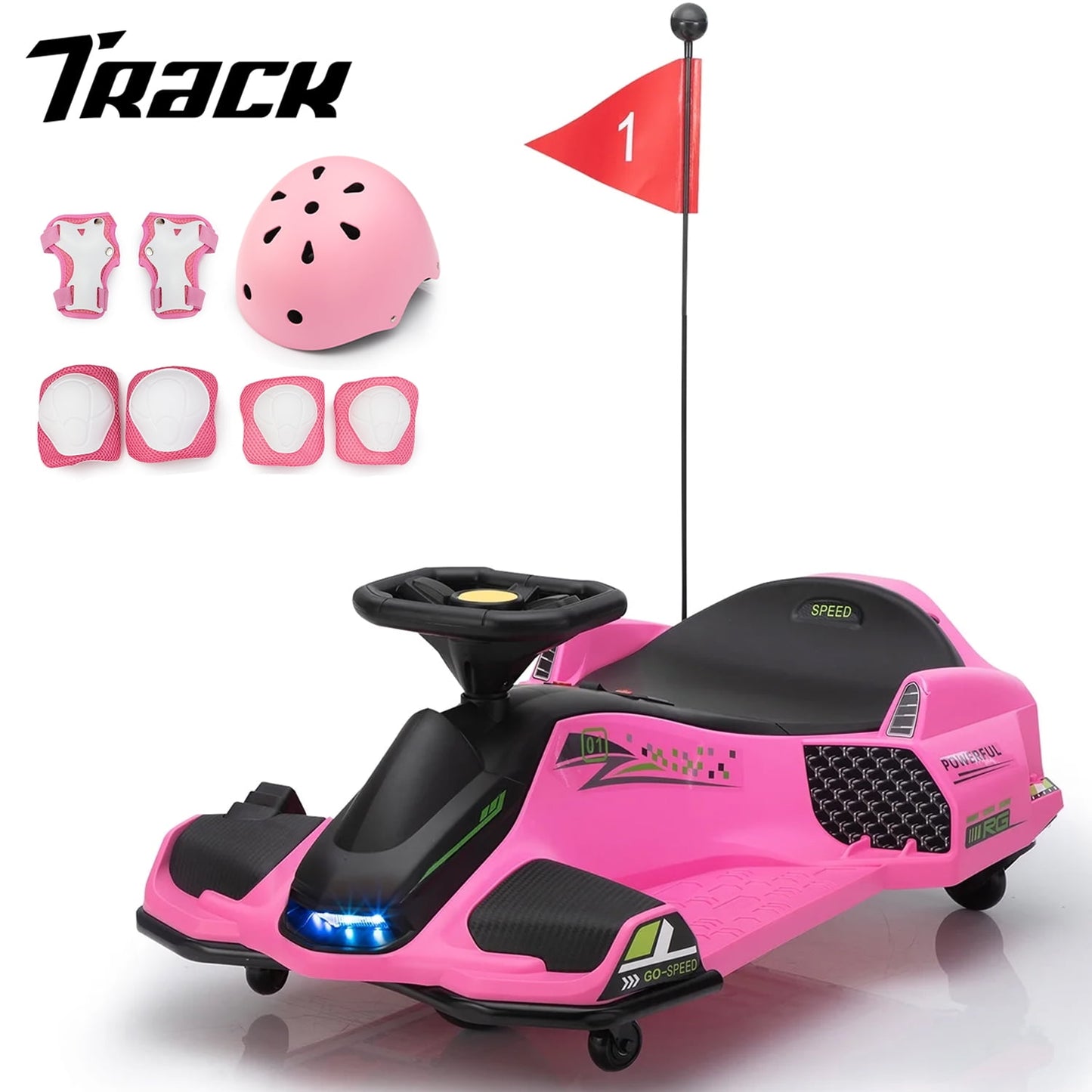 Track 7 12V Ride-On Drifting Car, Kids Electric Go Kart with Protector, Ride On Racing Car with 360° Spin, USB, LED Lights, Max Speed 5 mph, Age 8-12 Years, White