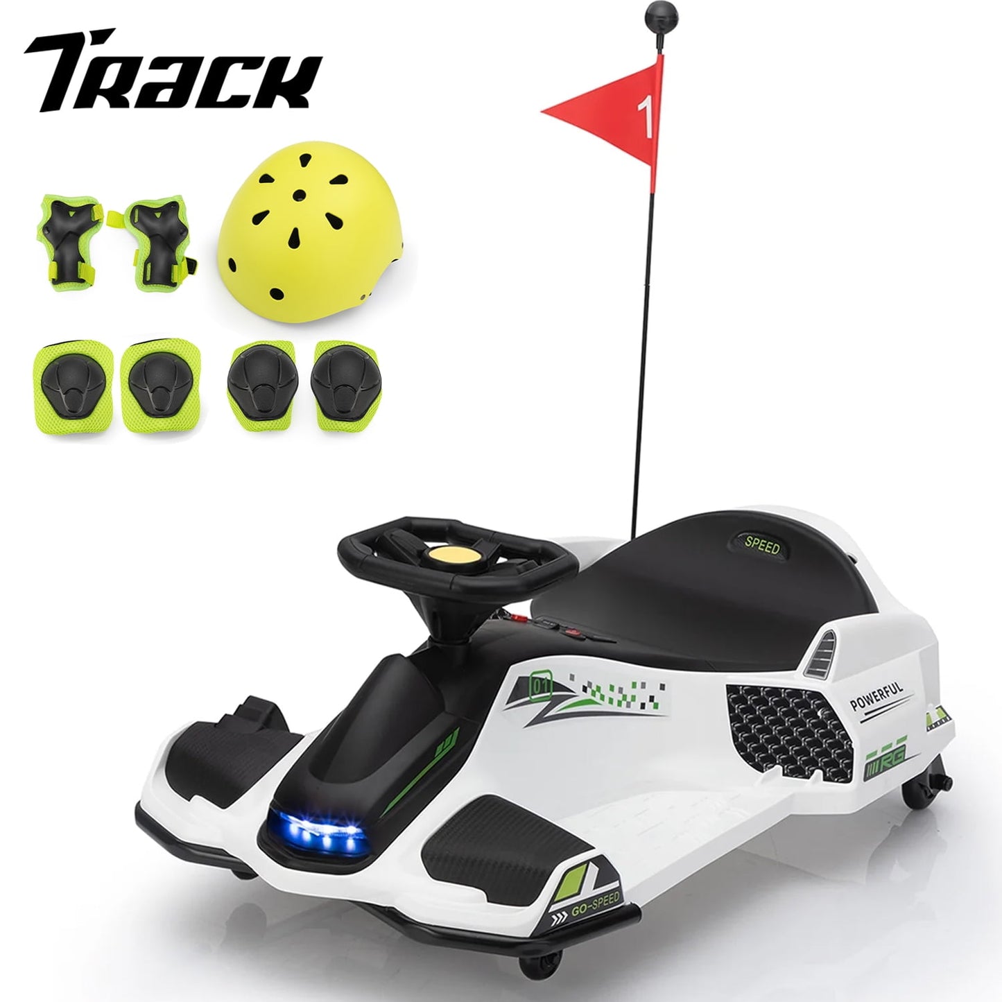 Track 7 12V Ride-On Drifting Car, Kids Electric Go Kart with Protector, Ride On Racing Car with 360° Spin, USB, LED Lights, Max Speed 5 mph, Age 8-12 Years, White