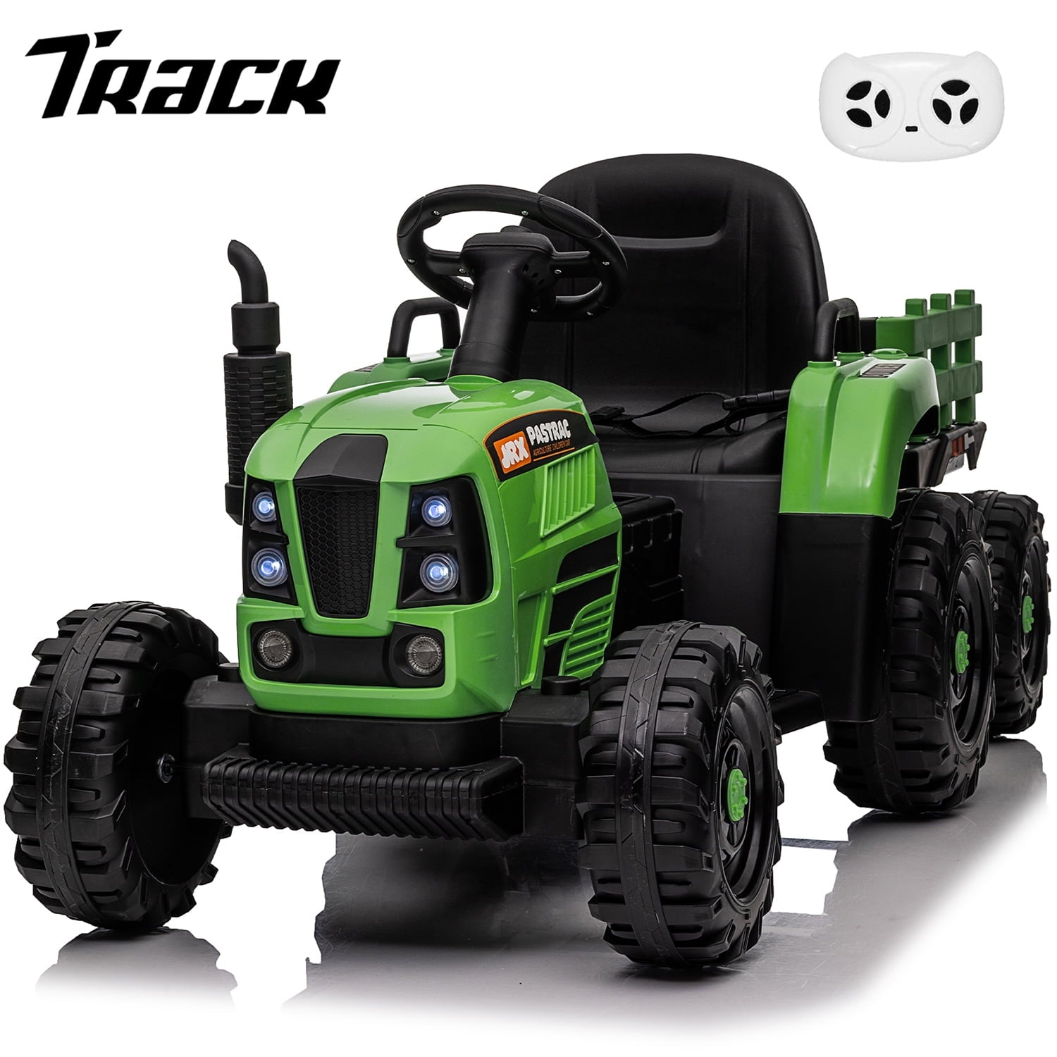 Track 7 12V Ride on Tractor with Trailer, 3-Gear-Shift Ground Loader, Kids Ride on Car with Remote Control, Bluetooth, Music, LED Lights, Electric Car for Boys Girls, Light Green
