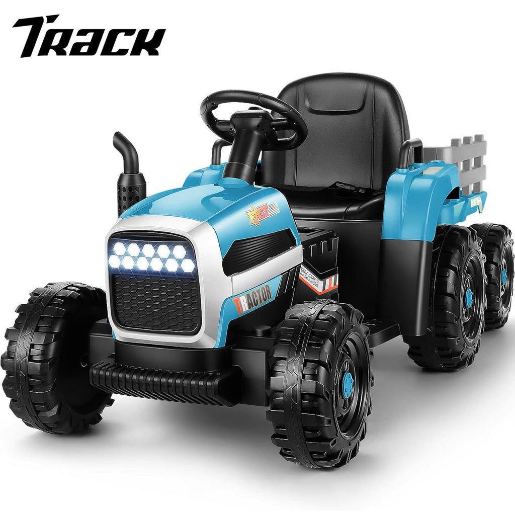 Track 7 12V Ride on Tractor with Trailer, Kids Electric Car with Remote Control, Bluetooth, MP3, LED Lights, 3-Gear-Shift Ground Loader, Ride on Car for Boys Girls, Pink