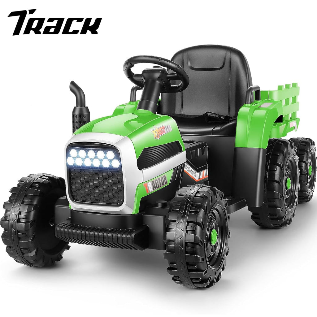 Track 7 12V Ride on Tractor with Trailer, Kids Electric Car with Remote Control, Bluetooth, MP3, LED Lights, 3-Gear-Shift Ground Loader, Ride on Car for Boys Girls, Pink