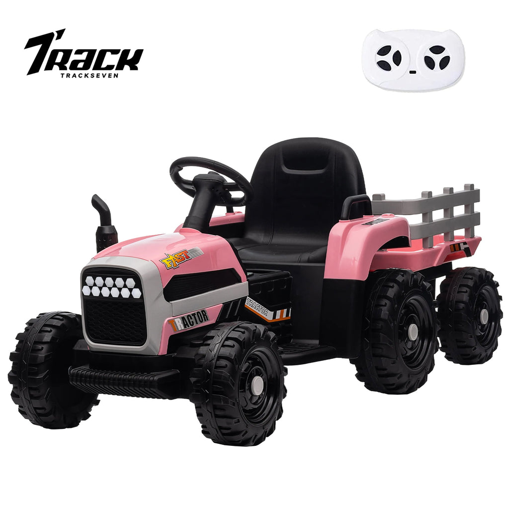 Track 7 12V Ride on Tractor with Trailer, Kids Electric Car with Remote Control, Bluetooth, MP3, LED Lights, 3-Gear-Shift Ground Loader, Ride on Car for Boys Girls, Blue
