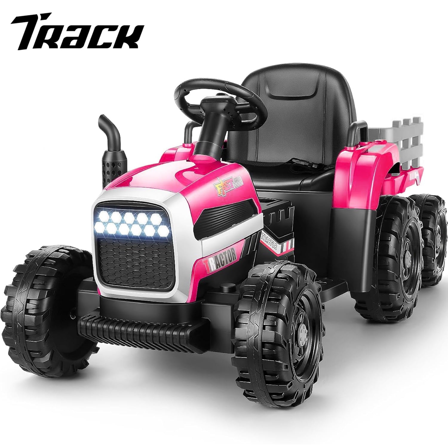 Track 7 12V Ride on Tractor with Trailer, Kids Electric Car with Remote Control, Bluetooth, MP3, LED Lights, 3-Gear-Shift Ground Loader, Ride on Car for Boys Girls, Pink