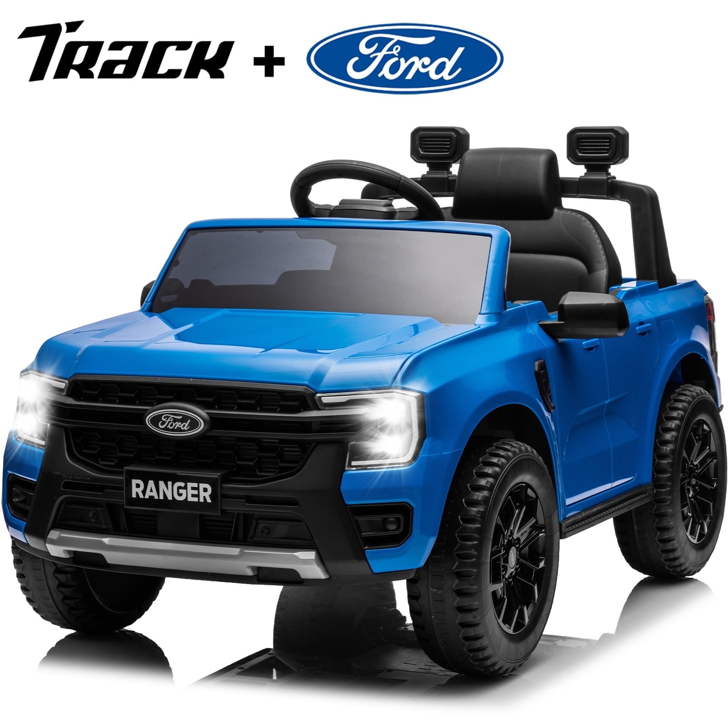 Track 7 12V Kids Ride on Car, Licensed Ford Ranger Electric Car with Remote Control, Music Player, LED Lights, Bluetooth, 12V Ride on Truck Car for Boys Girls Age 3+, Blue