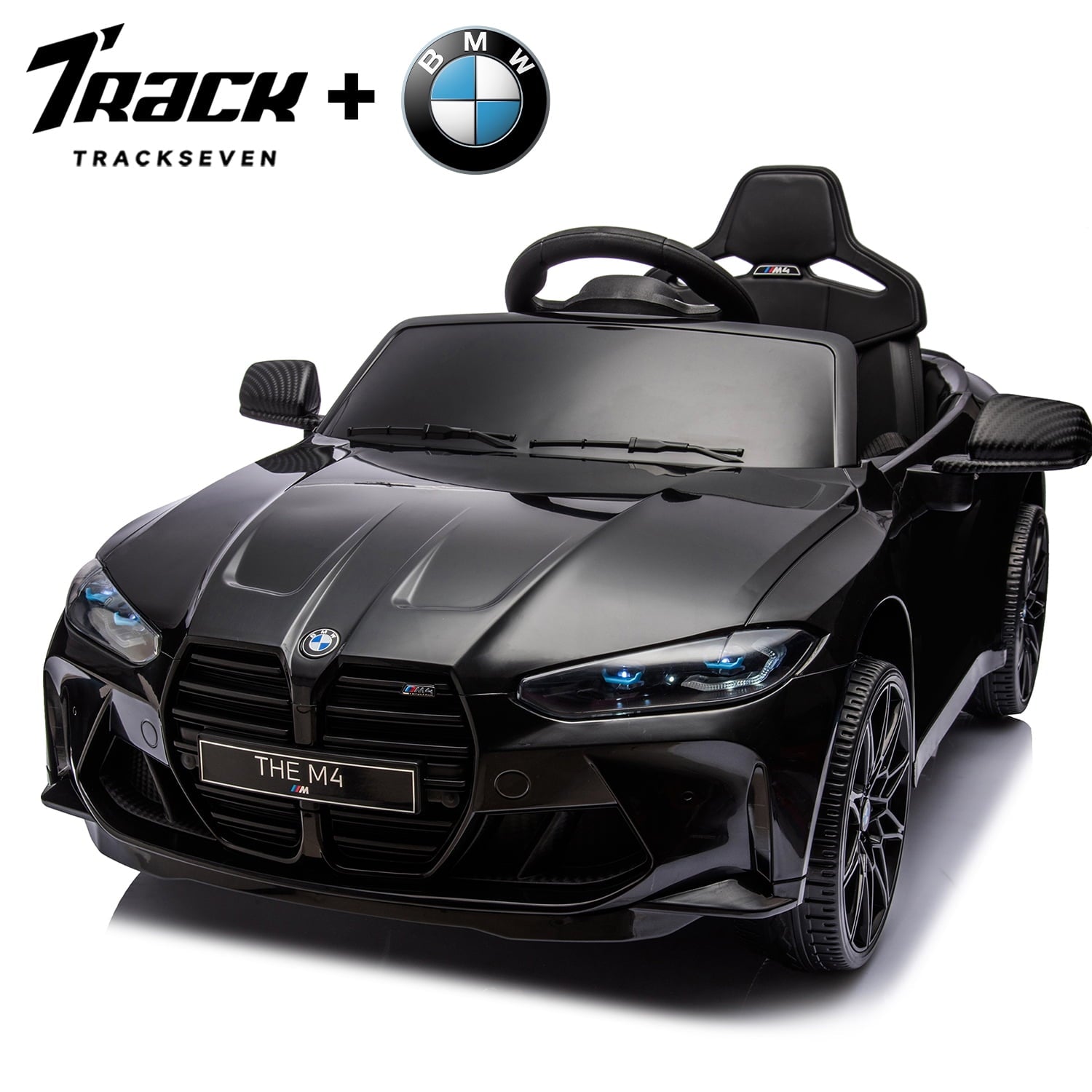 Track 7 12V Ride on Car, Licensed BMW M4 Electric Car, Kids Ride on Car with Remote Control, Bluetooth, Lights, Portable Handle, Blue