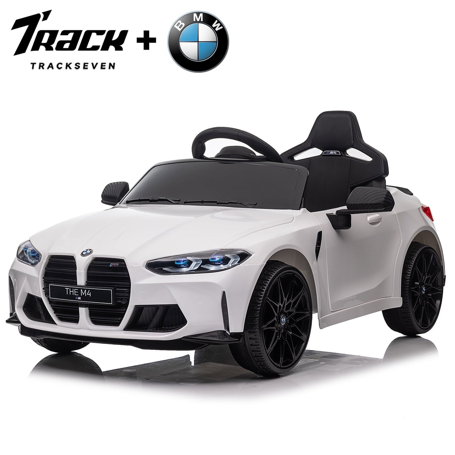 Track 7 12V Ride on Car, Licensed BMW M4 Electric Car, Kids Ride on Car with Remote Control, Bluetooth, Lights, Portable Handle, Blue