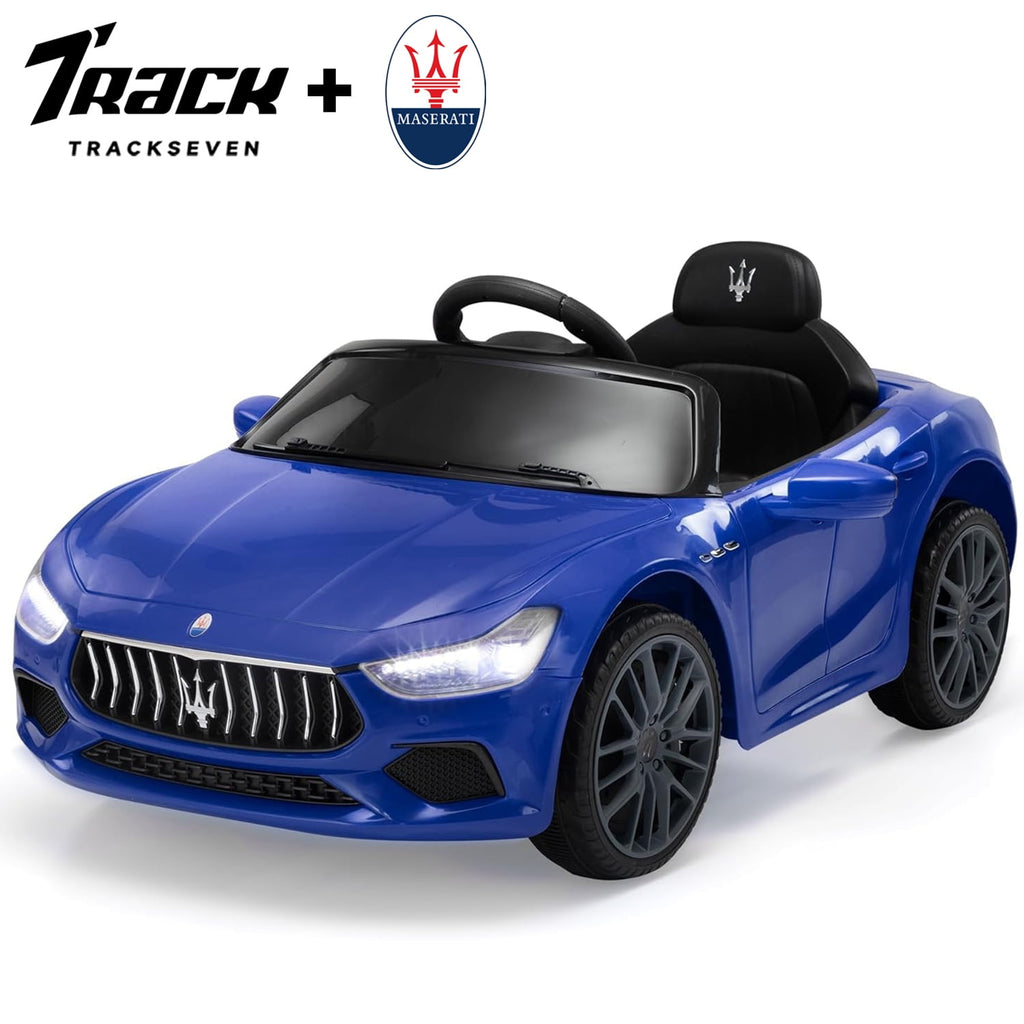 Track 7 12V Ride on Car, Licensed Maserati Ghibli Electric Car for Boys Girls, Ride on Car with Remote Control, Music, Lights, Blue