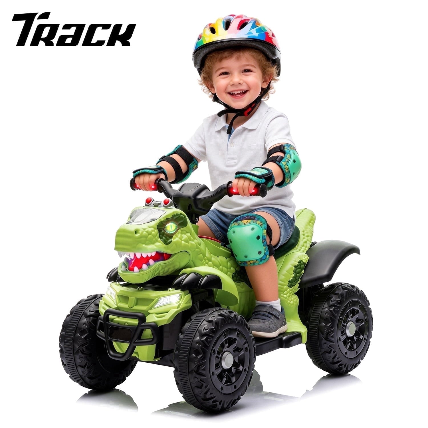 Track Seven 12V Electric Ride-On ATV, Dinosaur Four Wheeler Electric Car with Bluetooth, LED Lights, Music, Electric Quad Ride-On Toy Car for Toddlers Boys Girls Age 2+