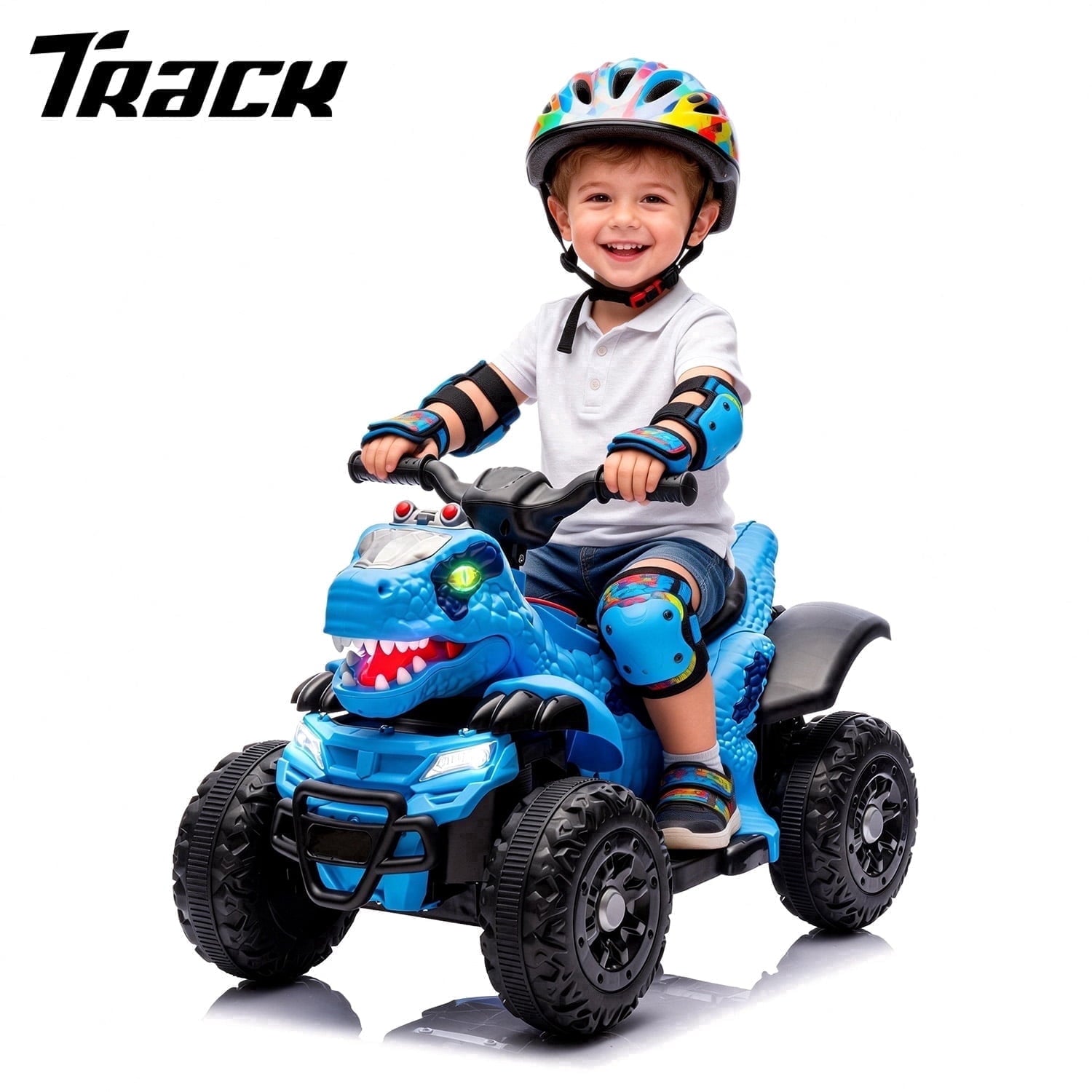 Track Seven 12V Electric Ride-On ATV, Dinosaur Four Wheeler Electric Car with Bluetooth, LED Lights, Music, Electric Quad Ride-On Toy Car for Toddlers Boys Girls Age 2+