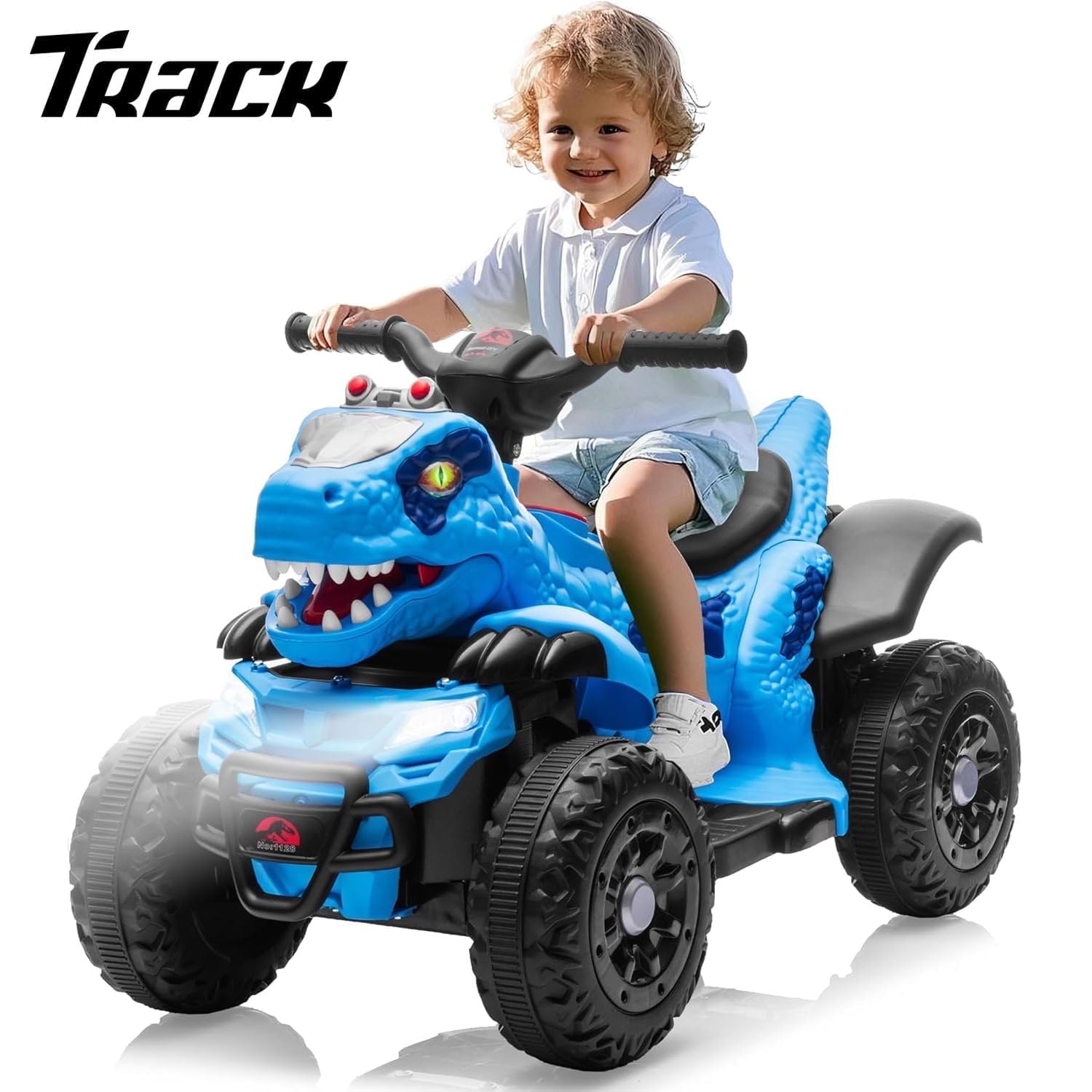Track Seven 12V Ride-On ATV, Dinosaur Shape Electric Car, 2WD, Music, Bluetooth & Microphone, Power Display, Indoor& Outdoor Ride-On Toy Car for Boys Girls Age 2+, Yellow