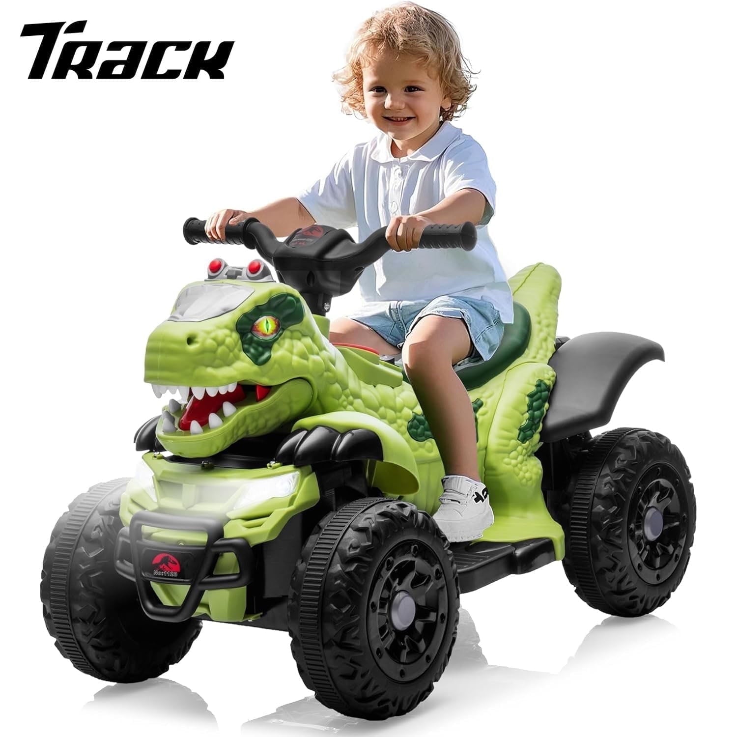 Track Seven 12V Ride-On ATV, Dinosaur Shape Electric Car, 2WD, Music, Bluetooth & Microphone, Power Display, Indoor& Outdoor Ride-On Toy Car for Boys Girls Age 2+, Yellow