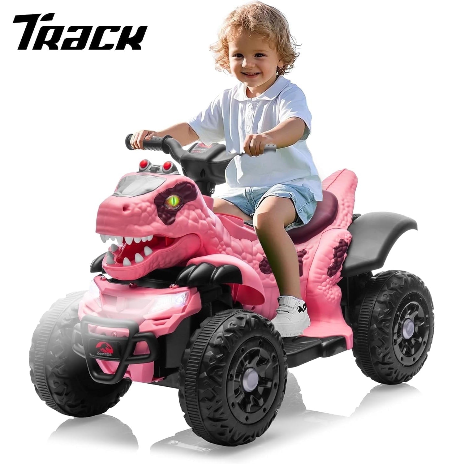Track Seven 12V Ride-On ATV, Dinosaur Shape Electric Car, 2WD, Music, Bluetooth & Microphone, Power Display, Indoor& Outdoor Ride-On Toy Car for Boys Girls Age 2+, Yellow