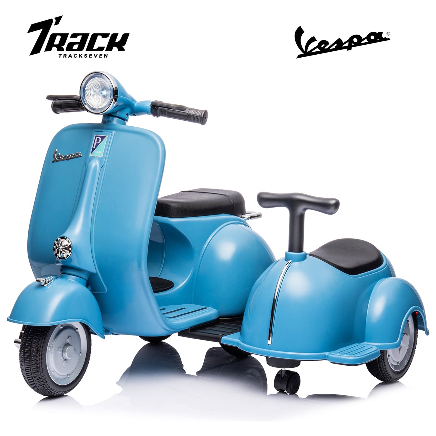 Track Seven 2-Seater Ride on Motorcycle, Licensed Vespa Electric Motorcycle with Side Car, 2-Seater Ride on Car, Music, Storage Bin, Max Speed 3.7mph, Blue