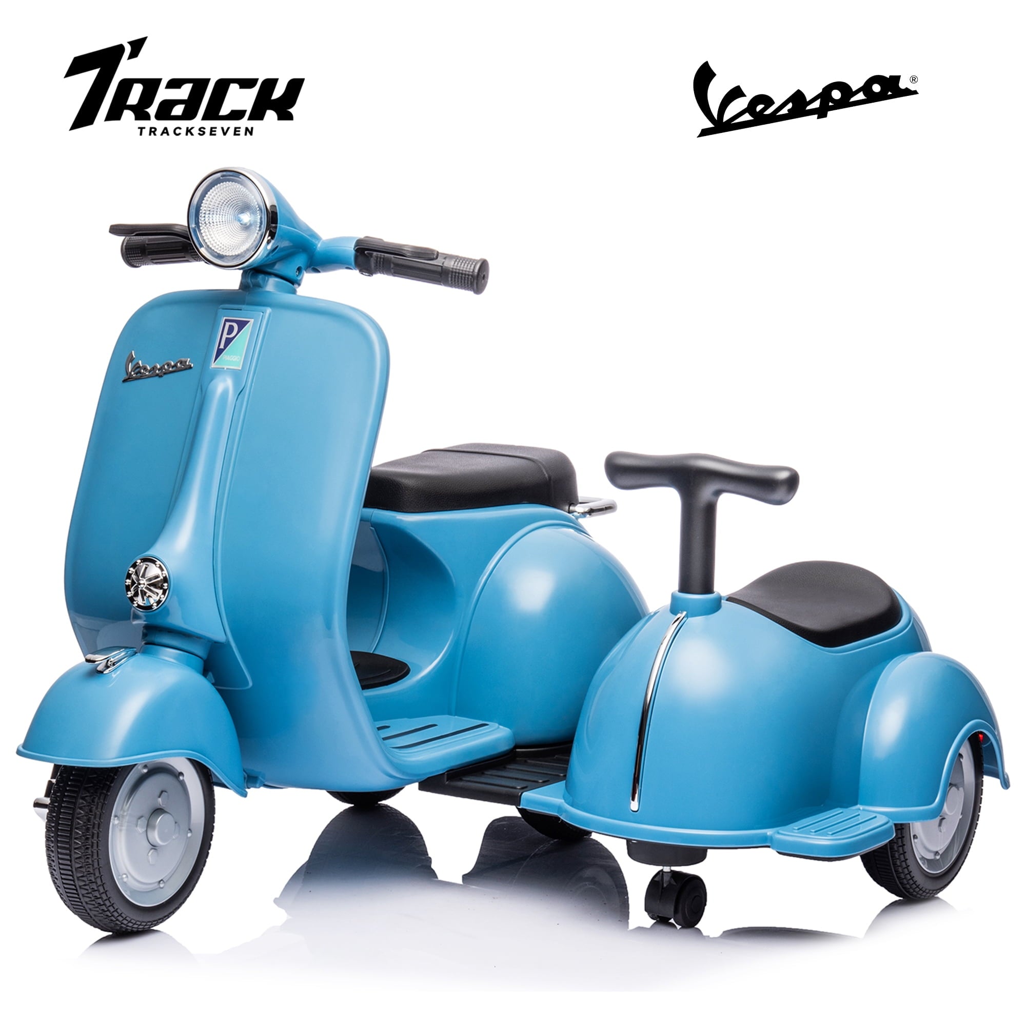 Track Seven 2-Seater Ride on Motorcycle, Licensed Vespa Electric Motorcycle with Side Car, 2-Seater Ride on Car, Music, Storage Bin, Max Speed 3.7mph, Orange