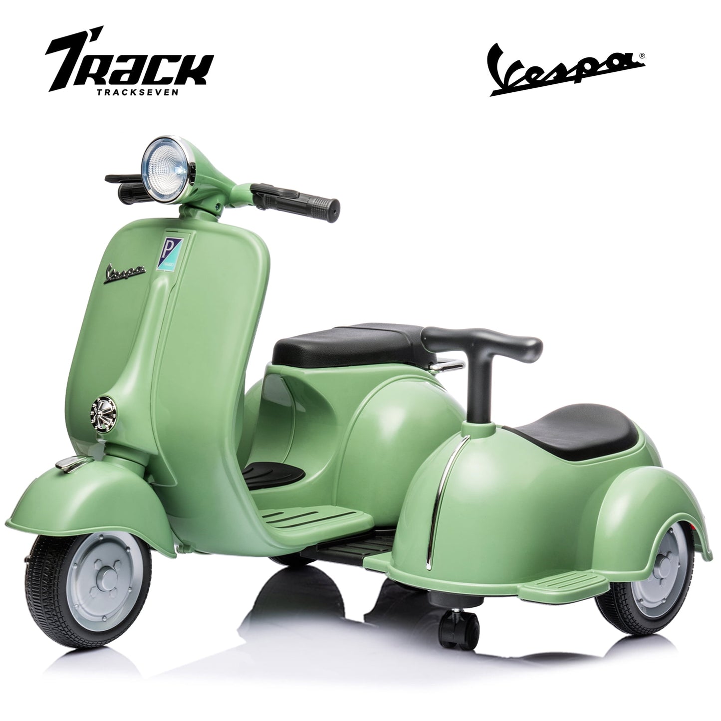 Track Seven 2-Seater Ride on Motorcycle, Licensed Vespa Electric Motorcycle with Side Car, 2-Seater Ride on Car, Music, Storage Bin, Max Speed 3.7mph, Blue