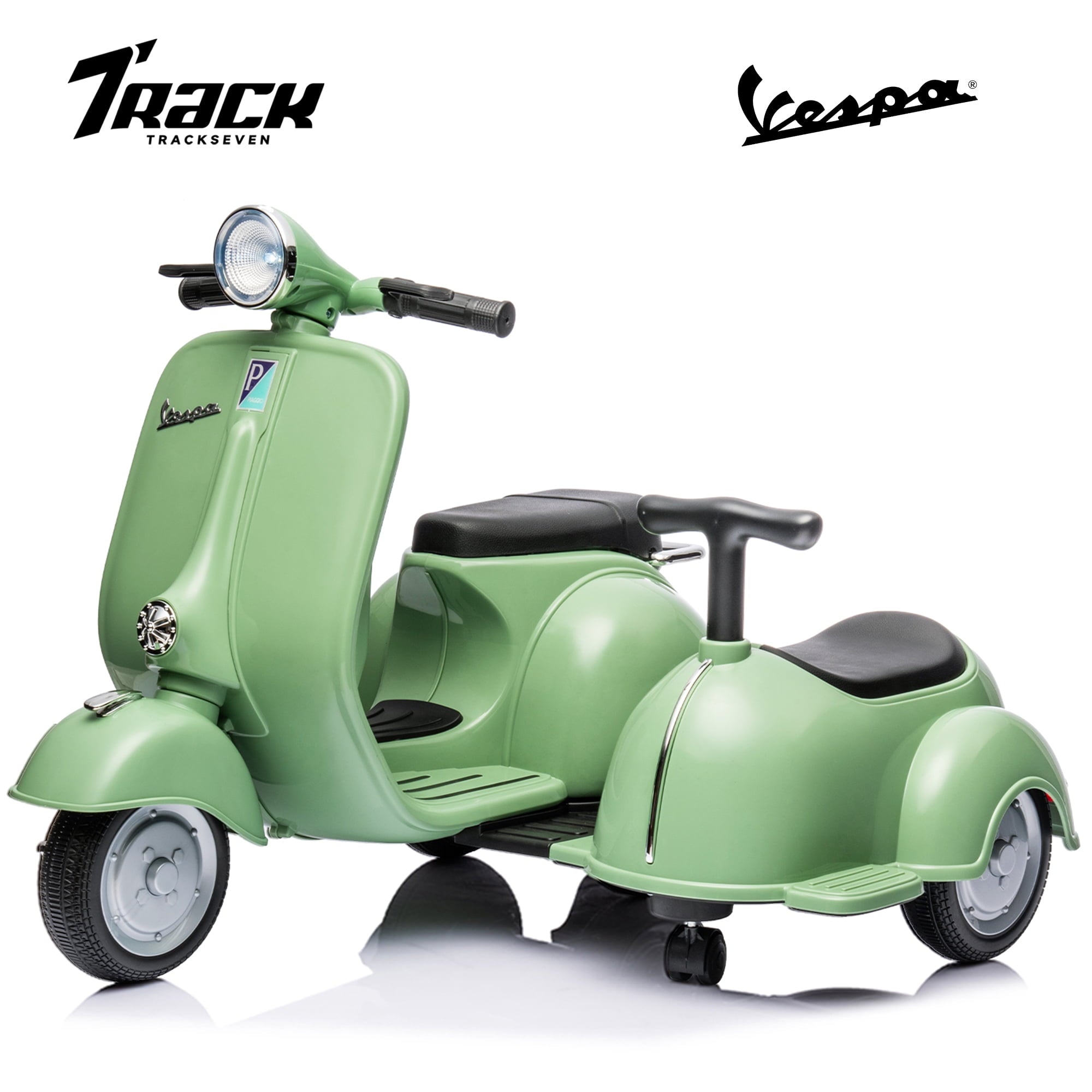 Track Seven Licensed Vespa Ride on Motorcycle with Side Car, 2-Seater Electric Car for Age 2+, Music, Storage Bin, Max Speed 3.7mph, Grey