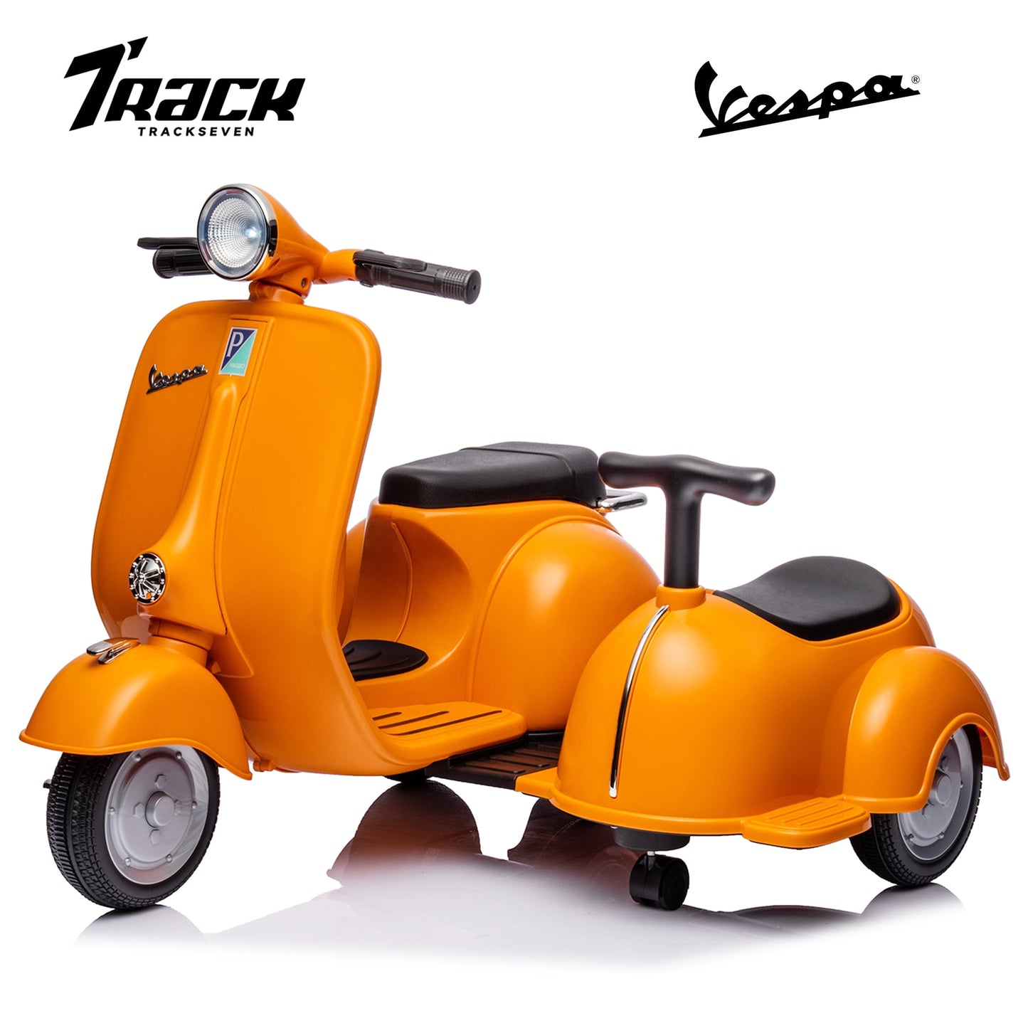 Track Seven 2-Seater Ride on Motorcycle, Licensed Vespa Electric Motorcycle with Side Car, 2-Seater Ride on Car, Music, Storage Bin, Max Speed 3.7mph, Blue
