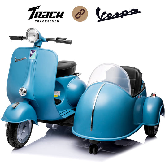 Track Seven 2-Seater Ride on Motorcycle, 12V Licensed Vespa Electric Motorcycle wth Side Car, 2-Seater Ride on Car, Music, Max Speed 4.8mph, Blue