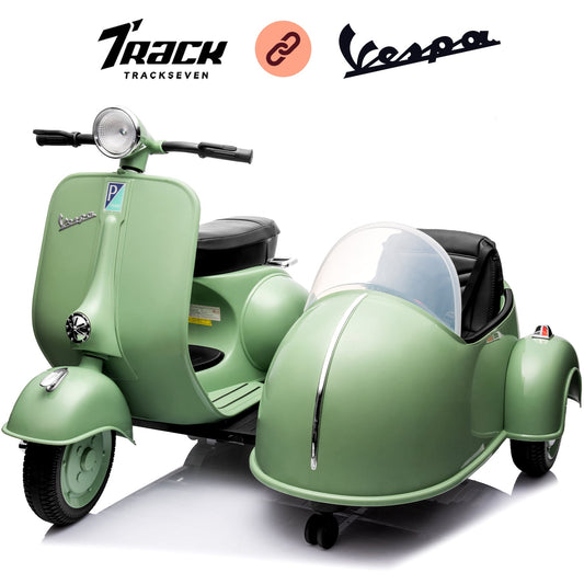 Track Seven 2-Seater Ride on Motorcycle, 12V Licensed Vespa Ride on Motorcycle wth Side Car, 2-Seater Ride on Car, Music, Max Speed 4.8mph, Green