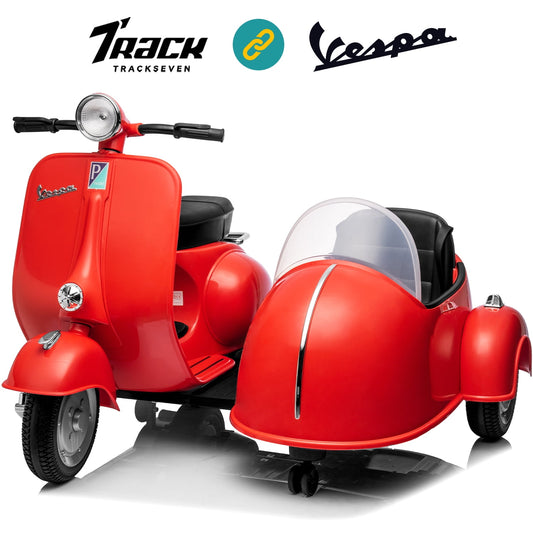 Track Seven 2-Seater Ride on Motorcycle, 12V Licensed Vespa Ride on Motorcycle wth Side Car, 2-Seater Ride on Car, Music, Max Speed 4.8mph, Red