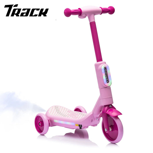 Track Seven Electric Scooter for Kids, 3 Wheels Kids Kick Scooter with Spray, LED Lights, PU Wheels, Wide Pedal, Music, Independent Light Switch, 6V Scooter for Boys Girls Toddlers Ages 3-6, Pink