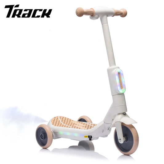 Track Seven Electric Scooter for Kids, 3 Wheels Kids Kick Scooter with Spray, LED Lights, PU Wheels, Wide Pedal, Music, Independent Light Switch, 6V Scooter for Boys Girls Toddlers Ages 3-6, White