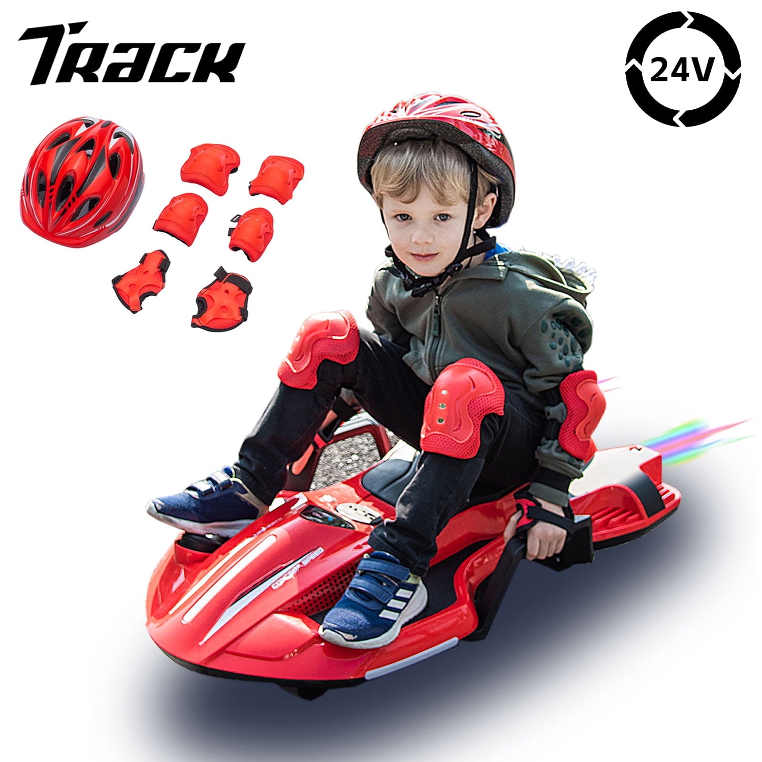 Track 7 24V Ride on Car with Helmet, Knee Pads, Gloves, Devilfish Pattern Ride on Electric Scooter with Spray Function, Gravity Steering, Music, Handrails, Max Speed 6.84 mph, Pink