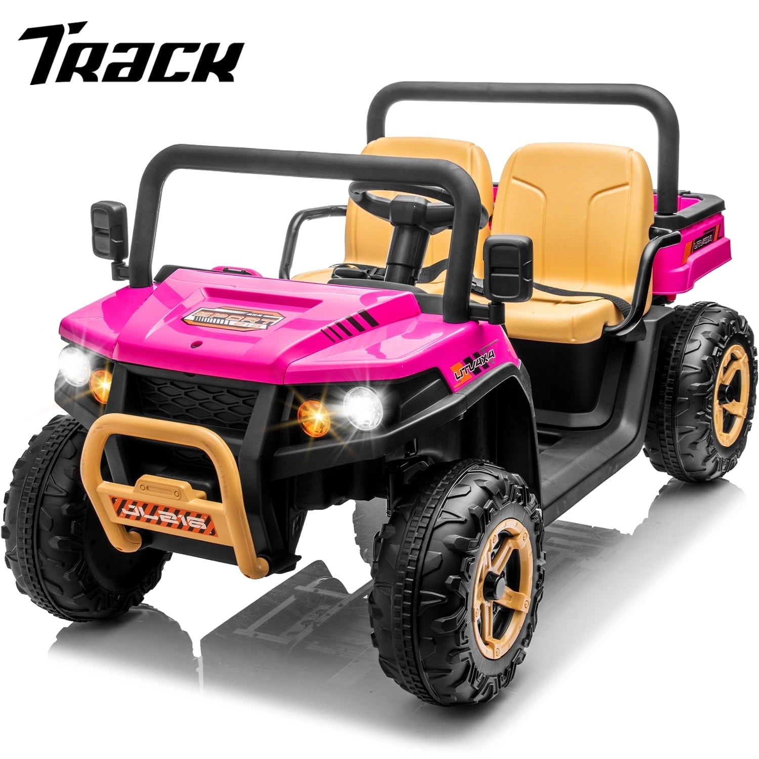 Track 7 24V 2 Seater Ride on Car, 25.79" Width Large Seat, 24V Ride On UTV w/Remote Control, Automatic Tipping Bucket, Bluetooth, Portable Handle, Electric Car Truck for Boys Girls Age 3+, Red