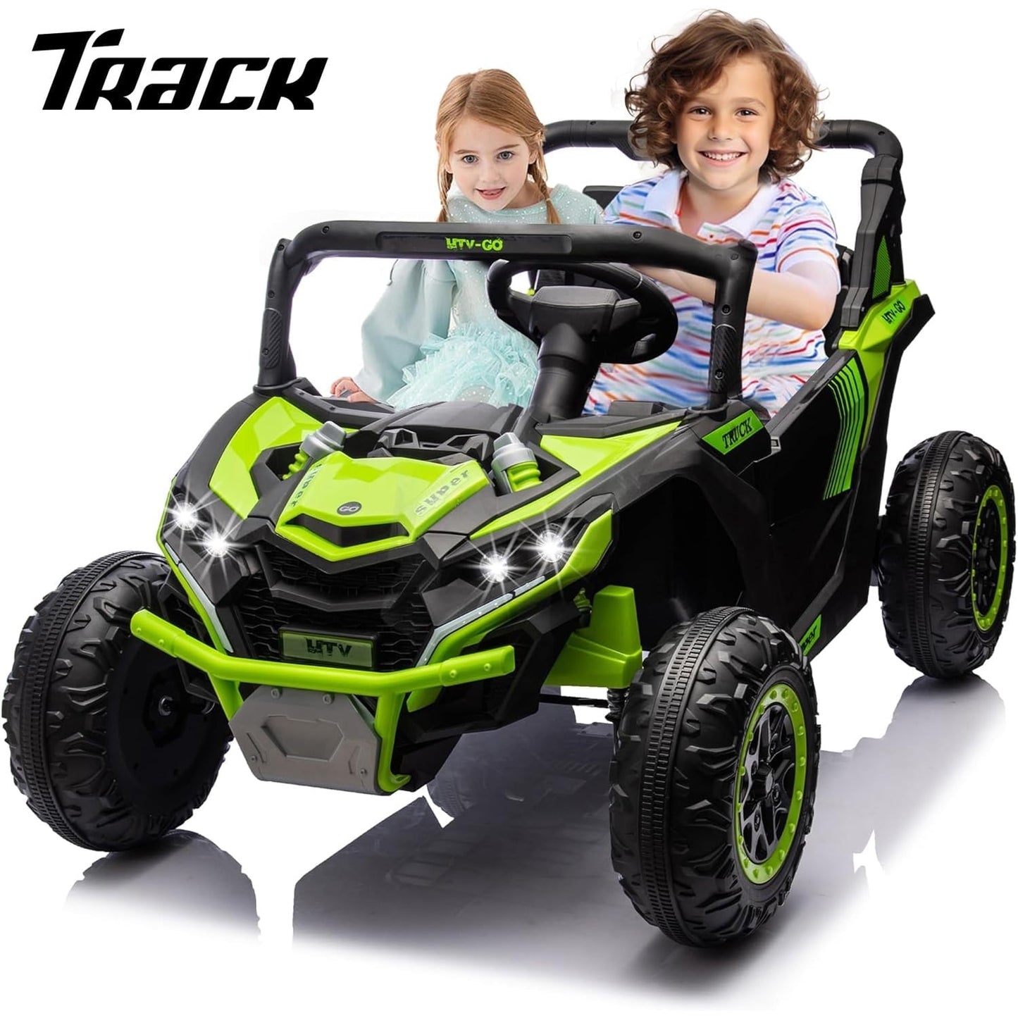 Track 7 24V 2-Seater Ride on UTV, 20" Large Seat, 2 x 200W Powerful Motors, 4.5 mph Max Speed, Ride on Car w/Remote Control, MP3, Lights, Battery Powered Electric Car for Boys Girls Age 3+, Blue