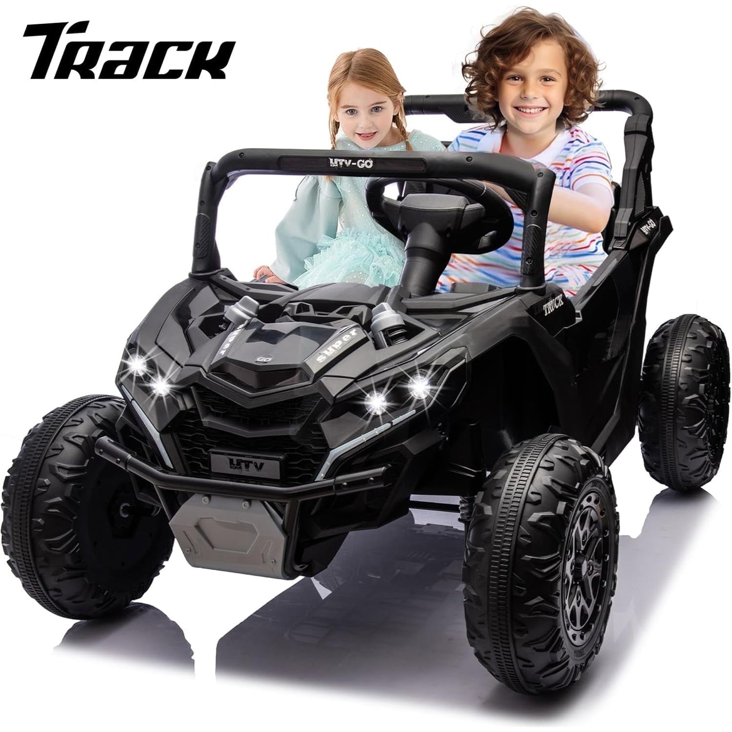 Track 7 24V 2-Seater Ride on UTV, 20" Large Seat, 2 x 200W Powerful Motors, 4.5 mph Max Speed, Ride on Car w/Remote Control, MP3, Lights, Battery Powered Electric Car for Boys Girls Age 3+, Blue
