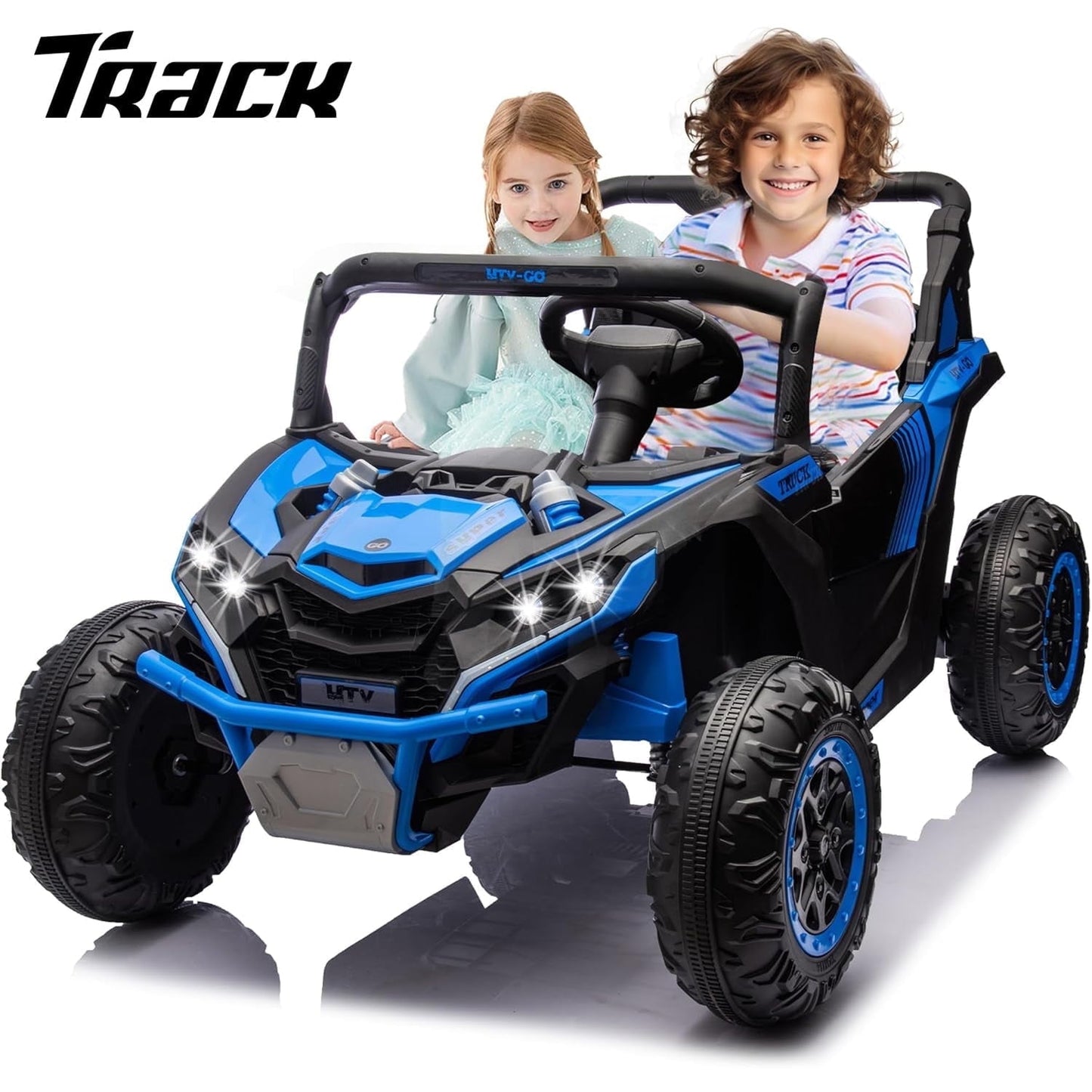 Track 7 24V 2-Seater Ride on UTV, 20" Large Seat, 2 x 200W Powerful Motors, 4.5 mph Max Speed, Ride on Car w/Remote Control, MP3, Lights, Battery Powered Electric Car for Boys Girls Age 3+, Blue
