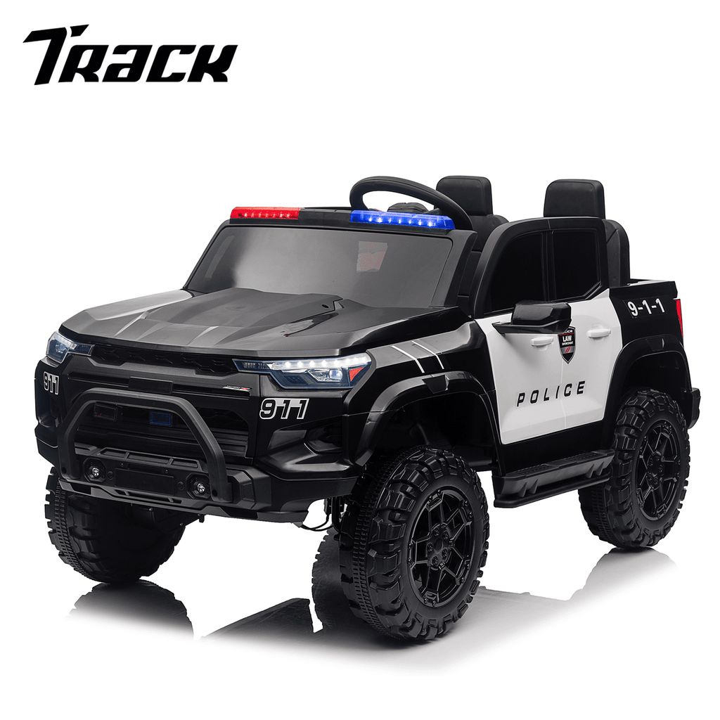 Track 7 24V 2-Seats Police Car for kid 3+, 3 speed adjustable, 2-Point Safety Belt, with Remote Control, Flashing Lights, Music, Spring Suspension, Black
