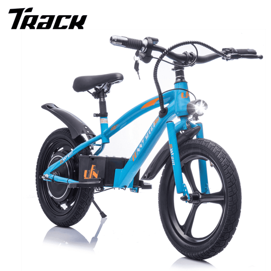 Track Seven 24V 300W Electric Bike, Teens Off-Road Mini Bike, Adjustable Seat (Age 5+), 16" Wheels, 12.43 MPH Top Speed, LED Headlight & Hand Brakes, Blue