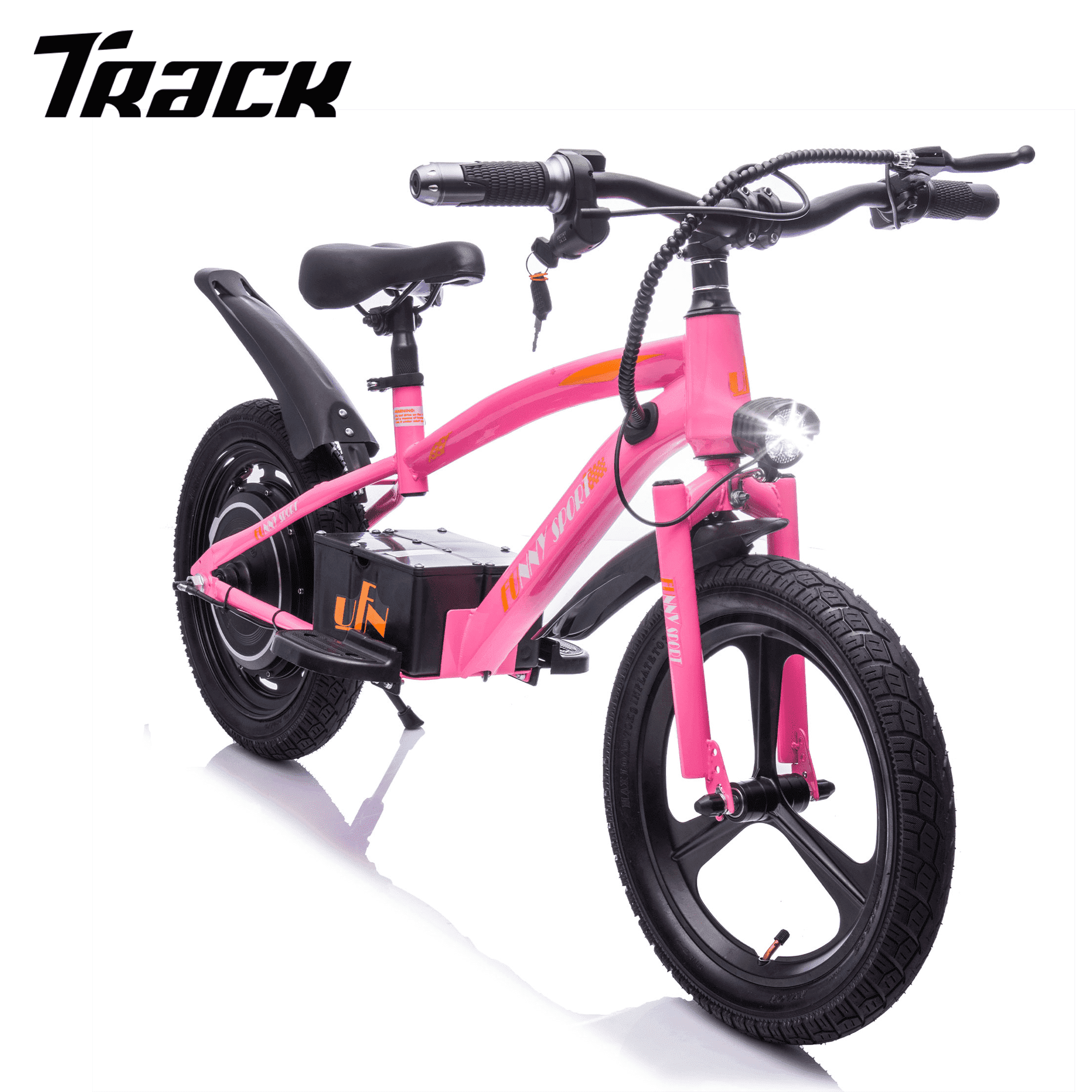 Track Seven 24V 300W Electric Bike, Teens Off-Road Mini Bike, Adjustable Seat (Age 5+), 16" Wheels, 12.43 MPH Top Speed, LED Headlight & Hand Brakes, Blue