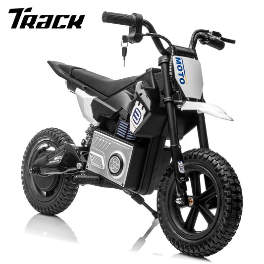 Track Seven 24V Electric Dirt Bike, 200W Motocross Ride on Motorcycle with Hand Operated Brakes, Adjustable Speed, LED Lamp, Music, Max Speed 10mph, Electric Motorcycle for Kids Age 5+, Black