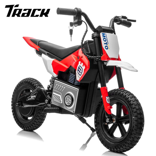 Track Seven 24V Electric Dirt Bike, 200W Motocross Ride on Motorcycle with Hand Operated Brakes, Adjustable Speed, LED Lamp, Music, Max Speed 10mph, Electric Motorcycle for Kids Age 5+, Red