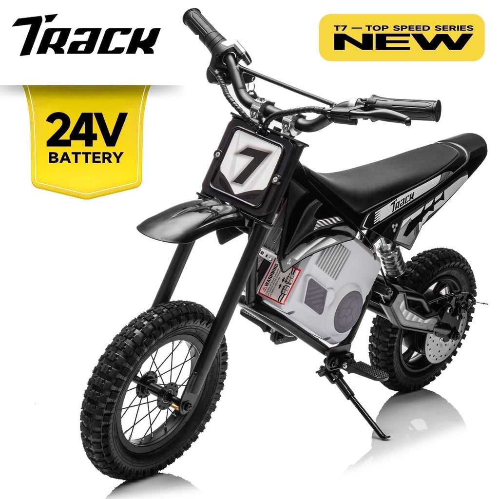 Track Seven 24V Electric Dirt Bike for Kids, Official Licensed Honda Electric Motorcycle, Up to10 Mph, Twist-Grip Throttle, 12" Pneumatic Tires, Bluetooth, Music, Motorcycle for Kids 6+, Red