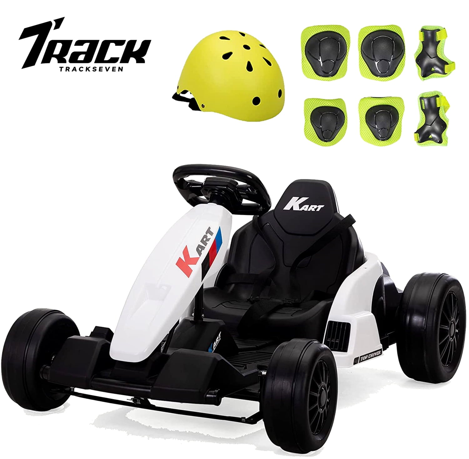 Track 7 24V Electric Drifting Go Kart for Kids,Max Speed Up to 8mph,Music,Safety Belt,Helmet,Knee Pads,Elbow Pads,Palm Pads.Electric Ride on Car,Racing Drift Kart for Kids Age 3+,White