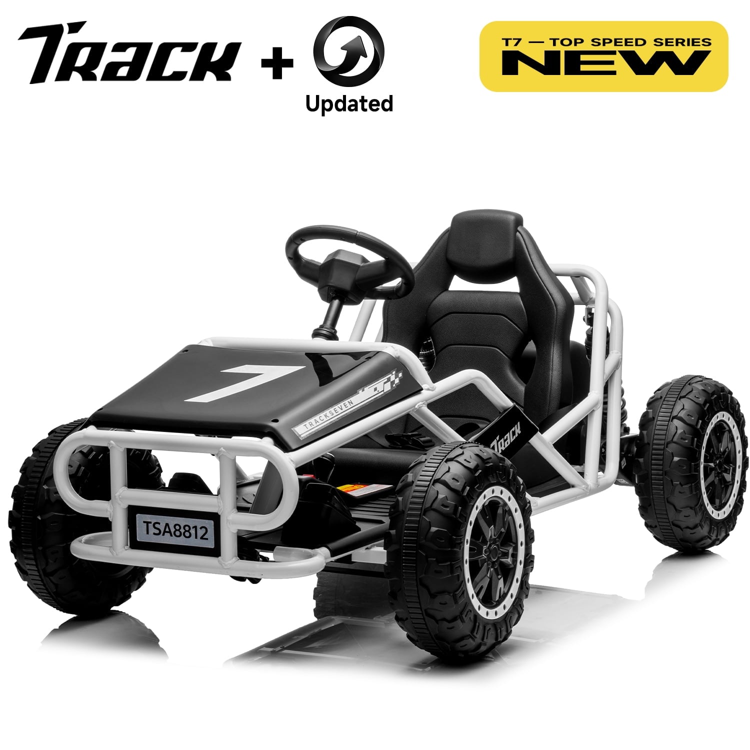 Track 7 24V Electric Go Kart, Racing Go Kart, Independent Electronic Brake Foot Pedal, Durable Full Steel Frame, 7 Mph Max Speed Electric Go Kart, 24V Outdoor Ride On Car for Kids Age 6+, White