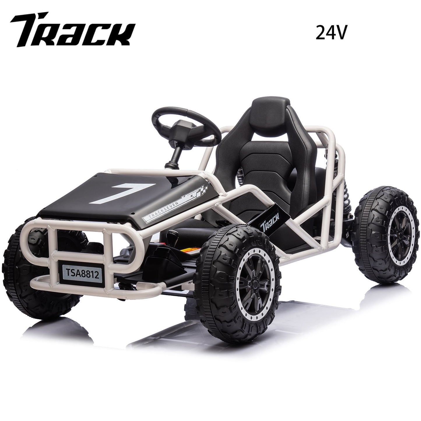Track 7 24V Electric Go Kart, Outdoor Ride on Car, Go Kart for Kids Age 3-8 Years, Independent Electronic Brake Foot Pedal, Kids Car, White