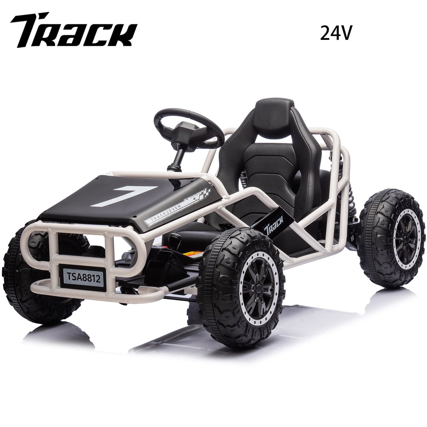 Track 7 24V Electric Go Kart, Outdoor Ride on Car, Go Kart for Kids Age 3-8 Years, Independent Electronic Brake Foot Pedal, Kids Car, White