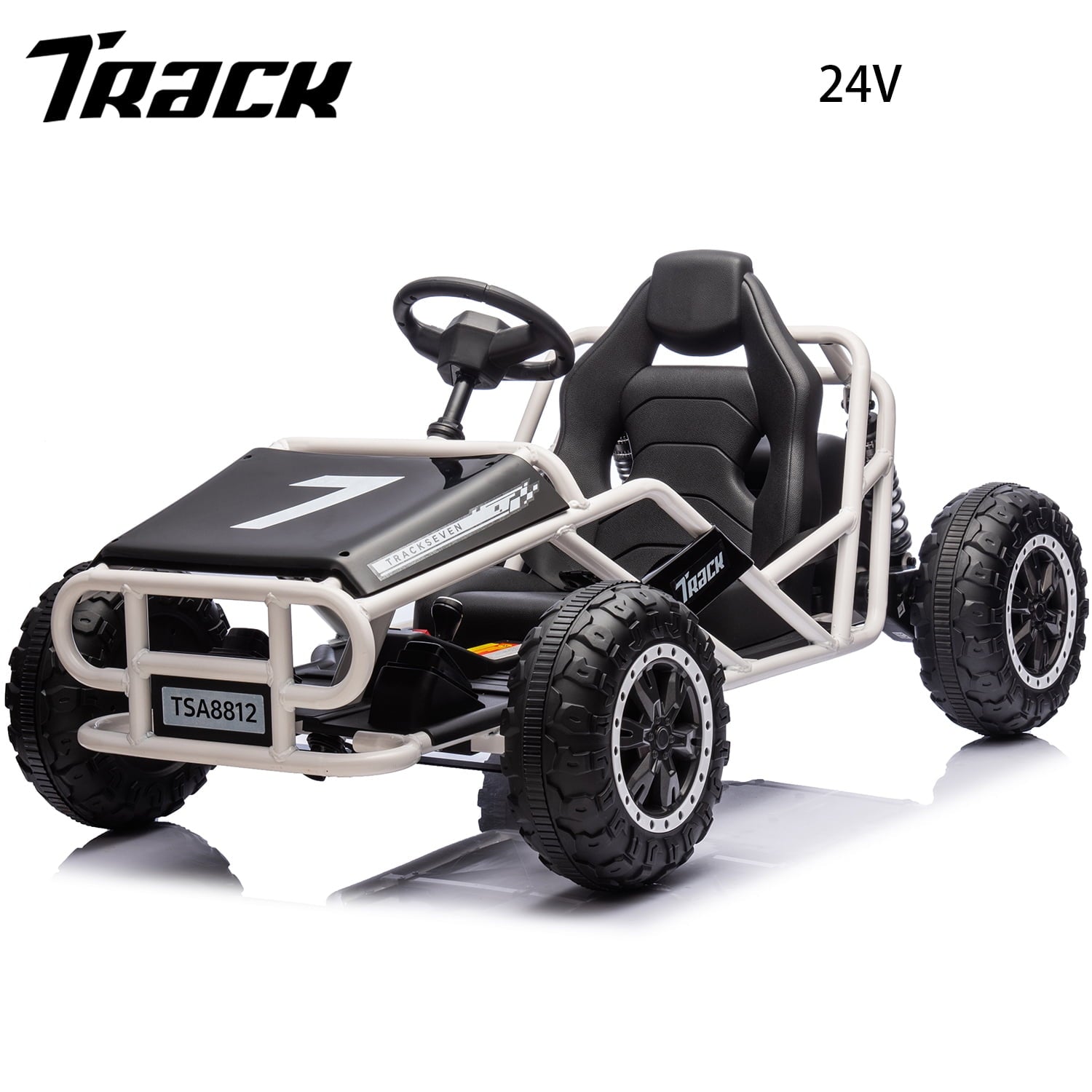 Track 7 24V Electric Go Kart, Outdoor Ride on Car, Go Kart for Kids Age 3-8 Years, Independent Electronic Brake Foot Pedal, Kids Car, White