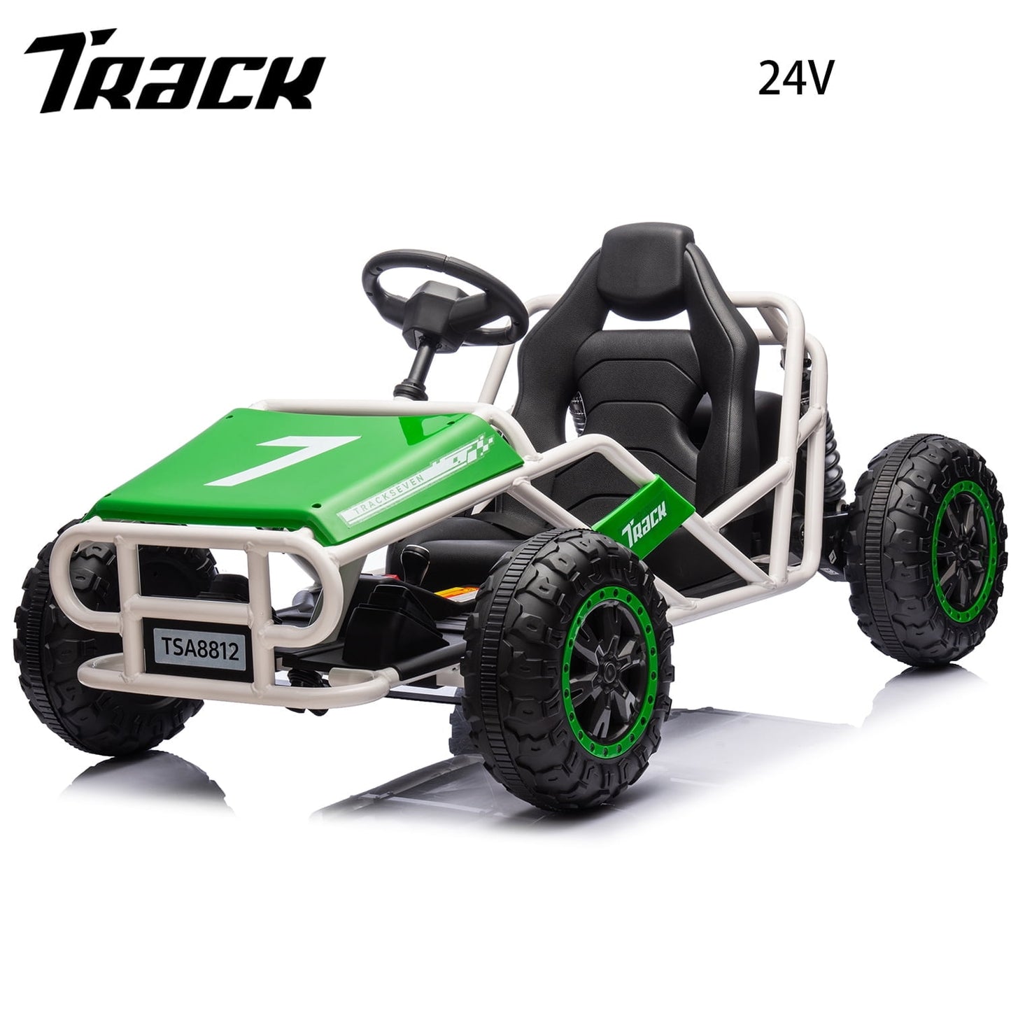 Track 7 24V Electric Go Kart, Outdoor Ride on Car, Go Kart for Kids Age 3-8 Years, Independent Electronic Brake Foot Pedal, Kids Car, White