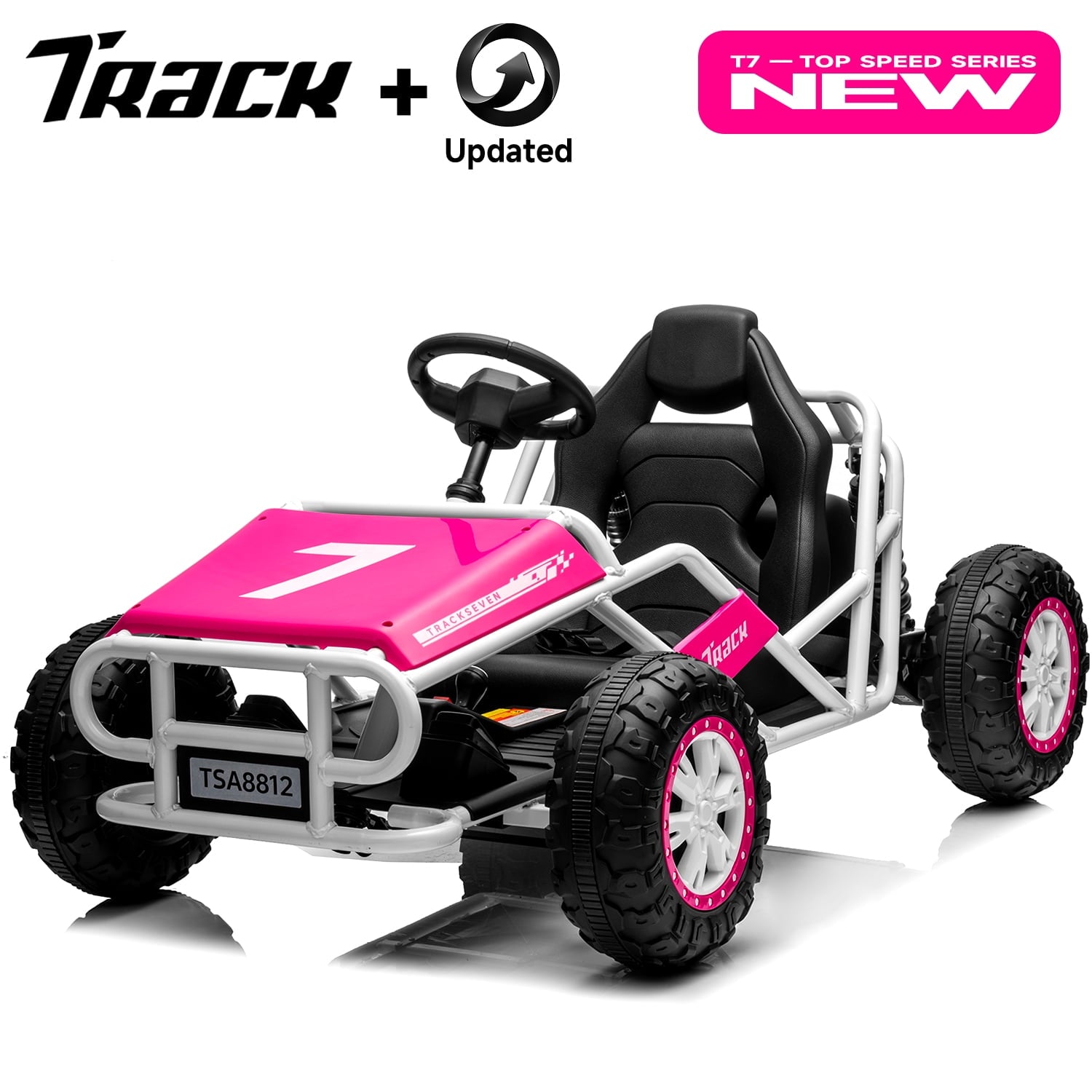 Track 7 24V Electric Go Kart, Racing Go Kart, Independent Electronic Brake Foot Pedal, Durable Full Steel Frame, 7 Mph Max Speed Electric Go Kart, 24V Outdoor Ride On Car for Kids Age 6+, White