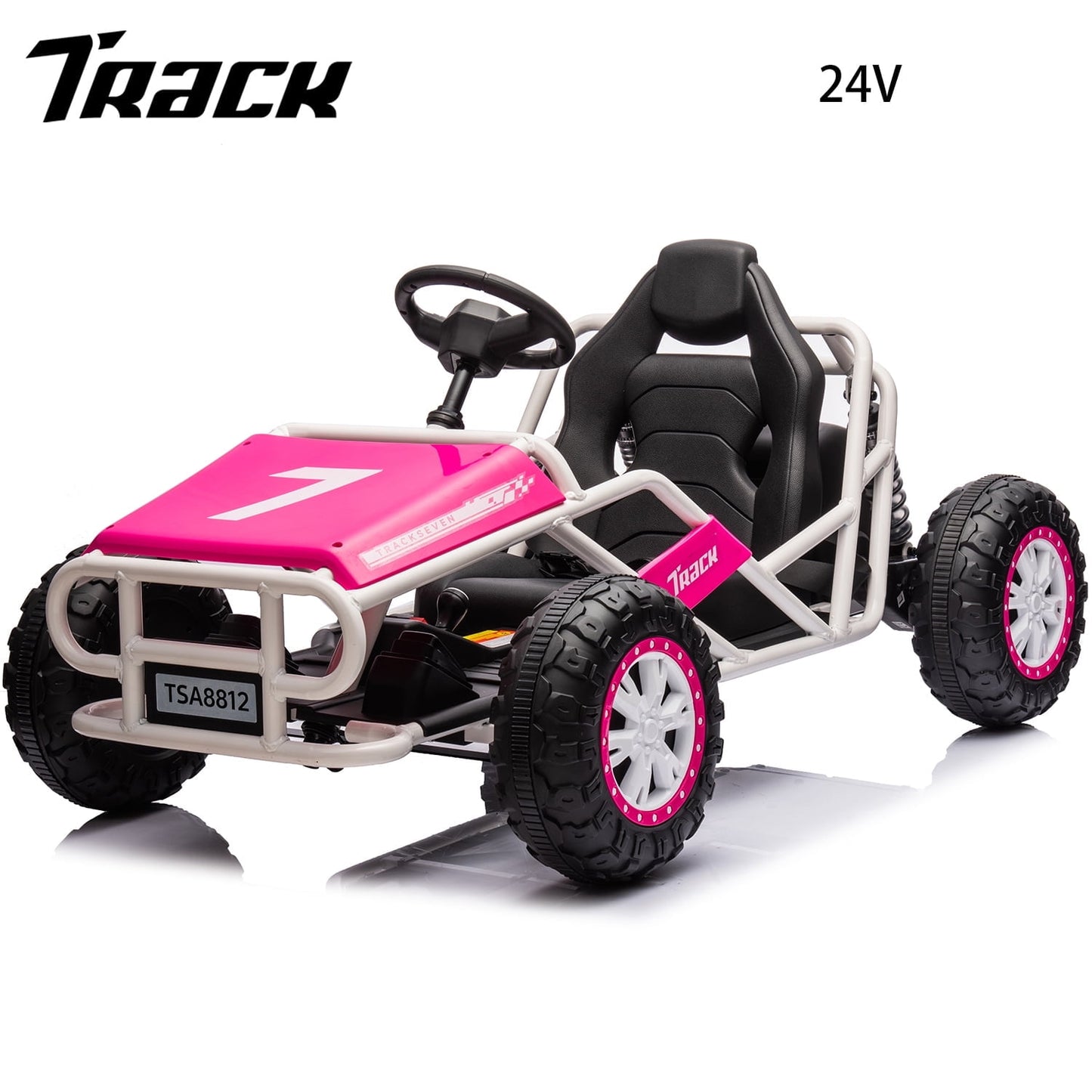 Track 7 24V Electric Go Kart, Outdoor Ride on Car, Go Kart for Kids Age 3-8 Years, Independent Electronic Brake Foot Pedal, Kids Car, White