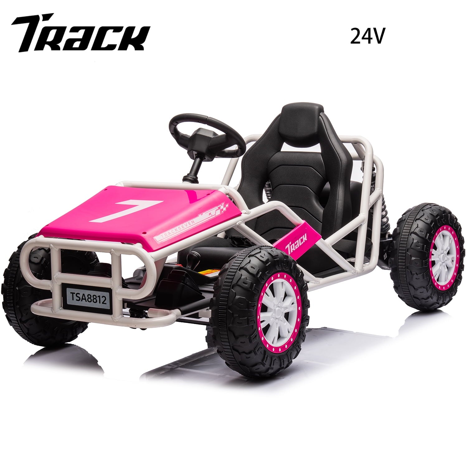 Track 7 24V Electric Go Kart, Outdoor Ride on Car, Go Kart for Kids Age 3-8 Years, Independent Electronic Brake Foot Pedal, Kids Car, White