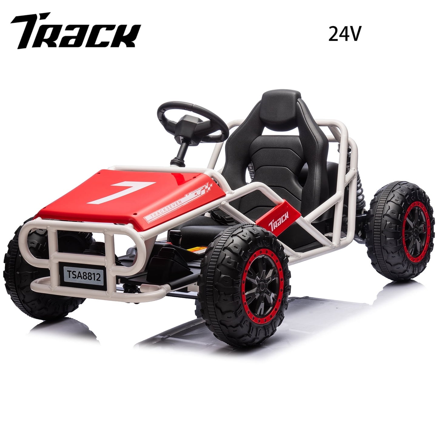 Track 7 24V Electric Go Kart, Outdoor Ride on Car, Go Kart for Kids Age 3-8 Years, Independent Electronic Brake Foot Pedal, Kids Car, White
