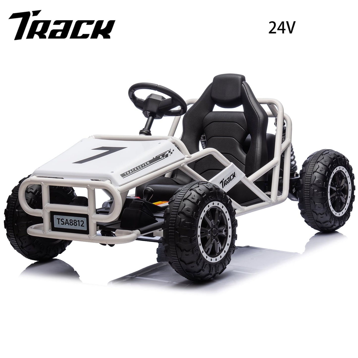 Track 7 24V Electric Go Kart, Outdoor Ride on Car, Go Kart for Kids Age 3-8 Years, Independent Electronic Brake Foot Pedal, Kids Car, White
